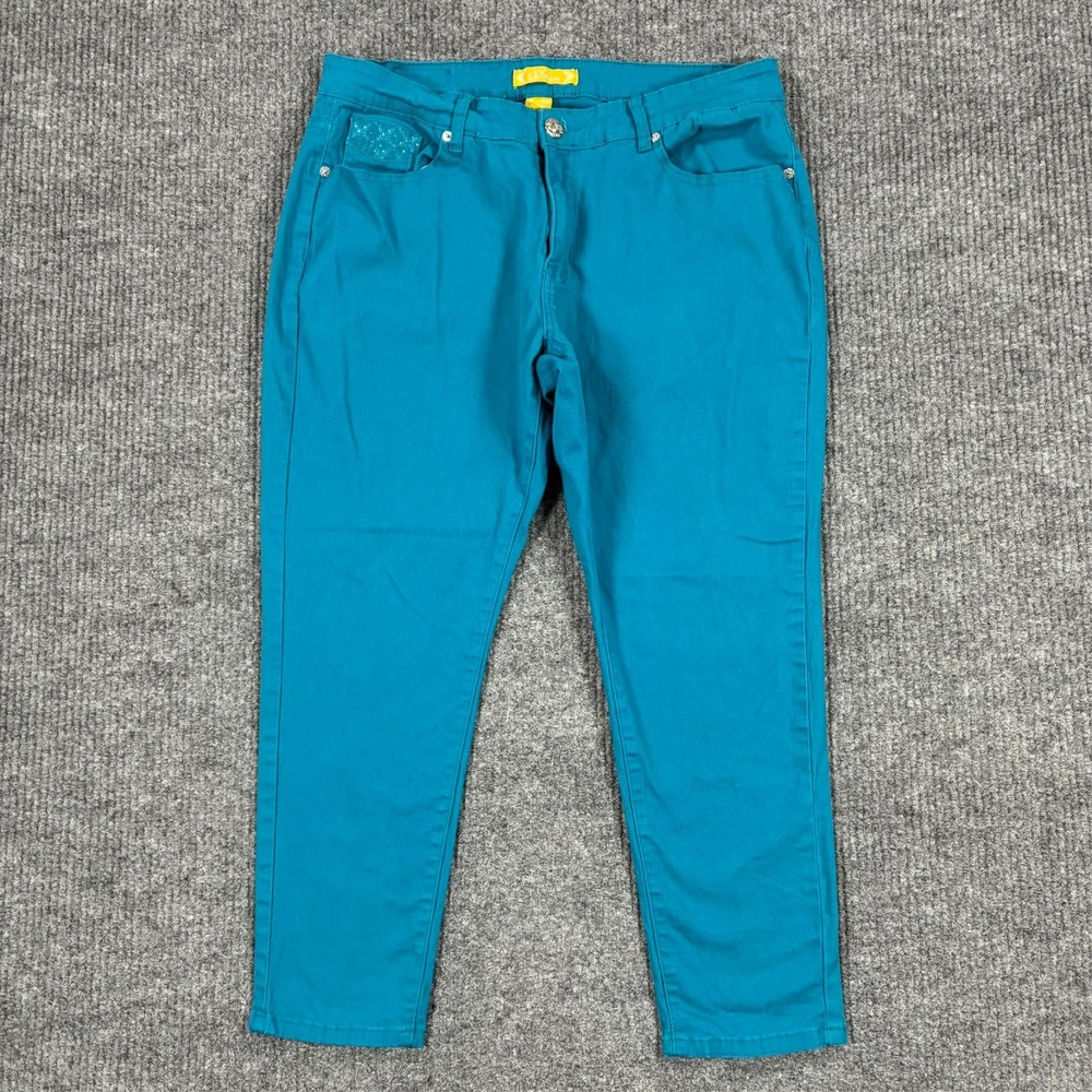 Dkin Womens Skinny Jeans Plus Size 16W Teal Stretch Rhinestone Accent Mid Rise